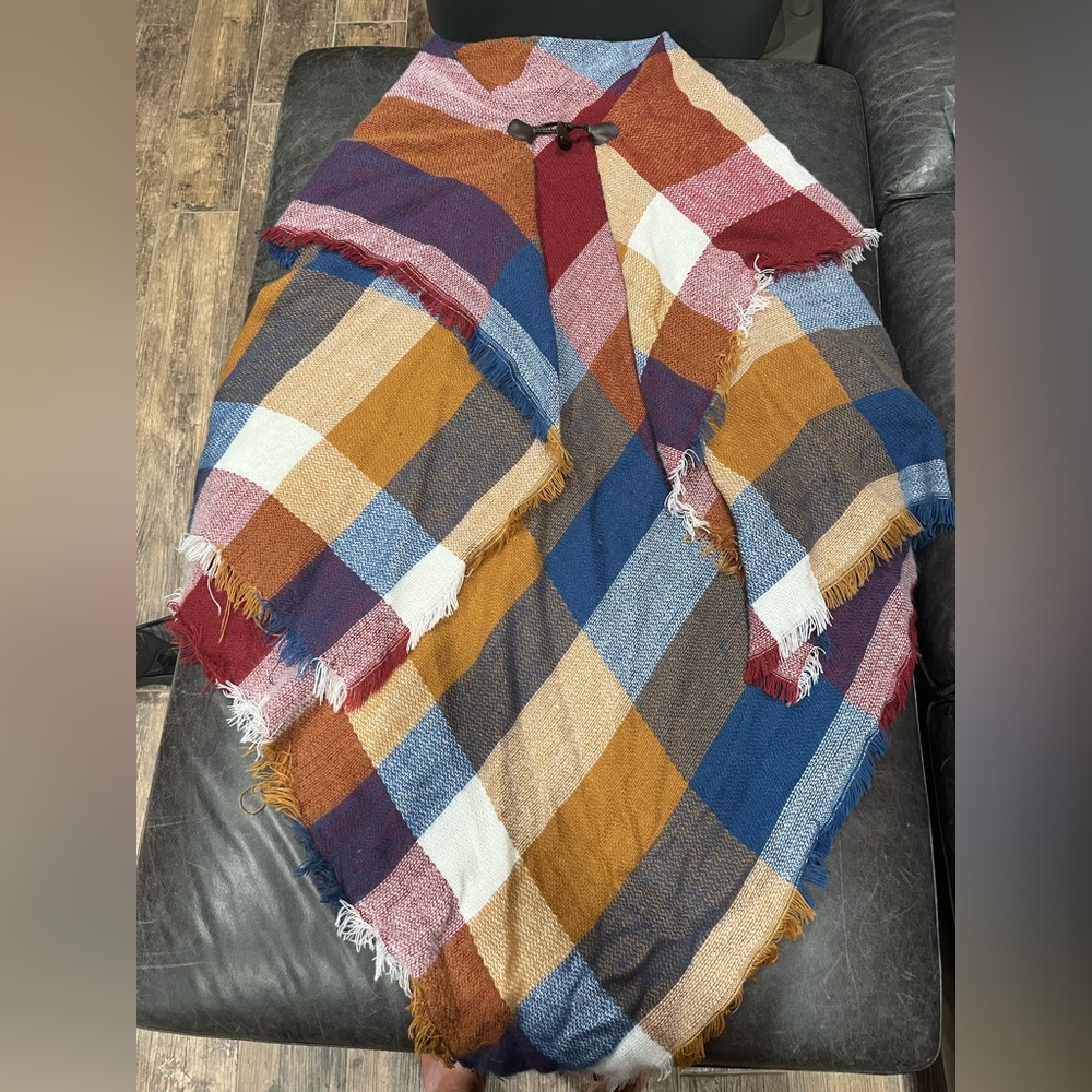 Multicolor Plaid Shawl with Toggle Closure - Picture 2 of 3
